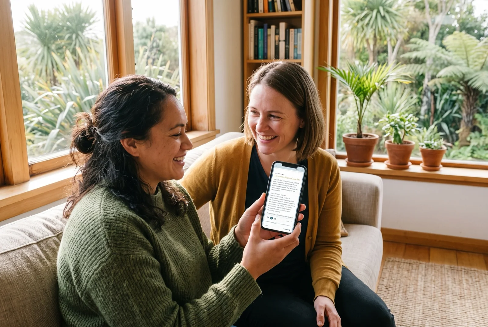 Two friends on a couch reading a Deep Report together on a phone