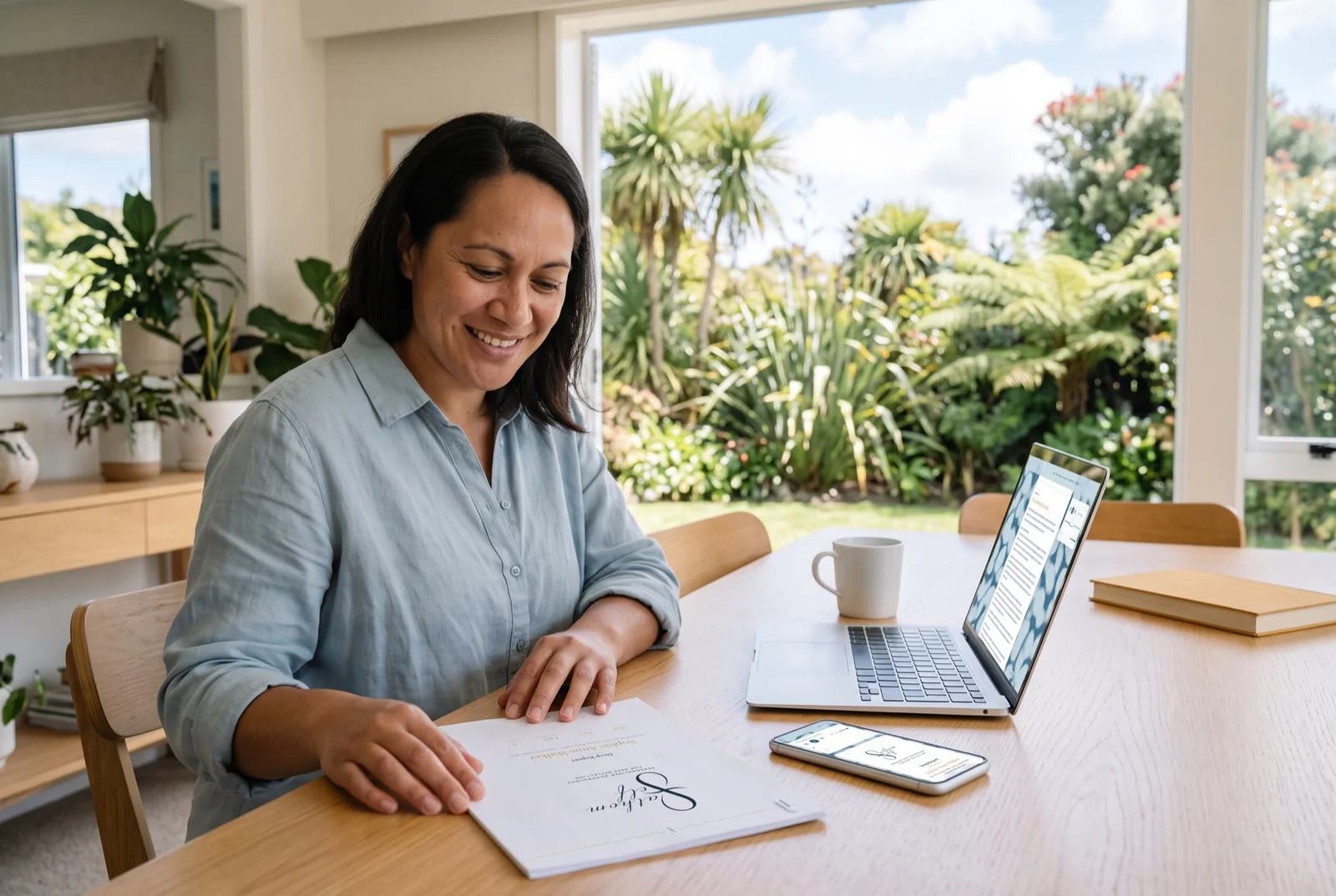 A woman smiling over her printed Deep Report, with the report open on her laptop and phone