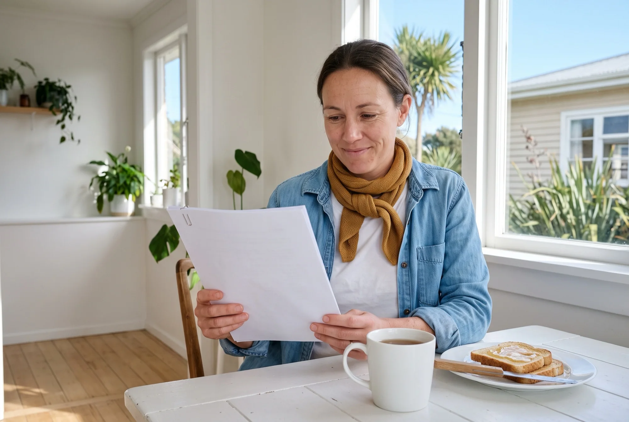 A woman in an ochre scarf reading her printed Deep Report at a sunny table