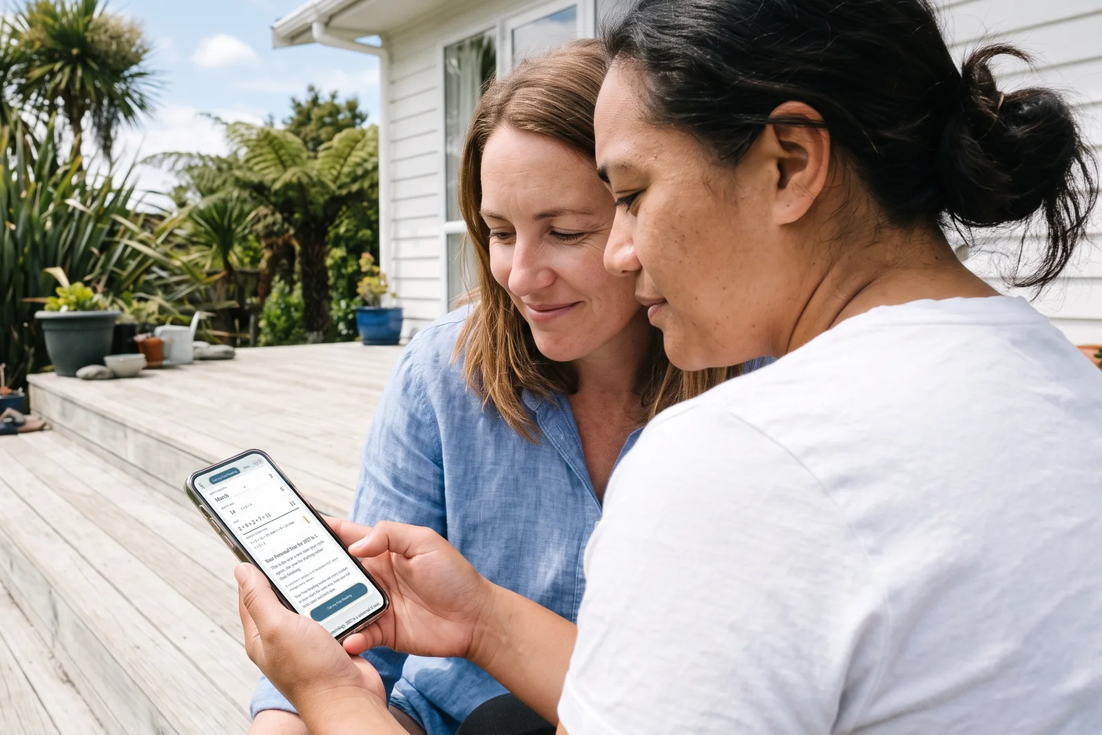 Two friends on a sunny deck working out a Personal Year for 2027 on the Fathomself site on a phone