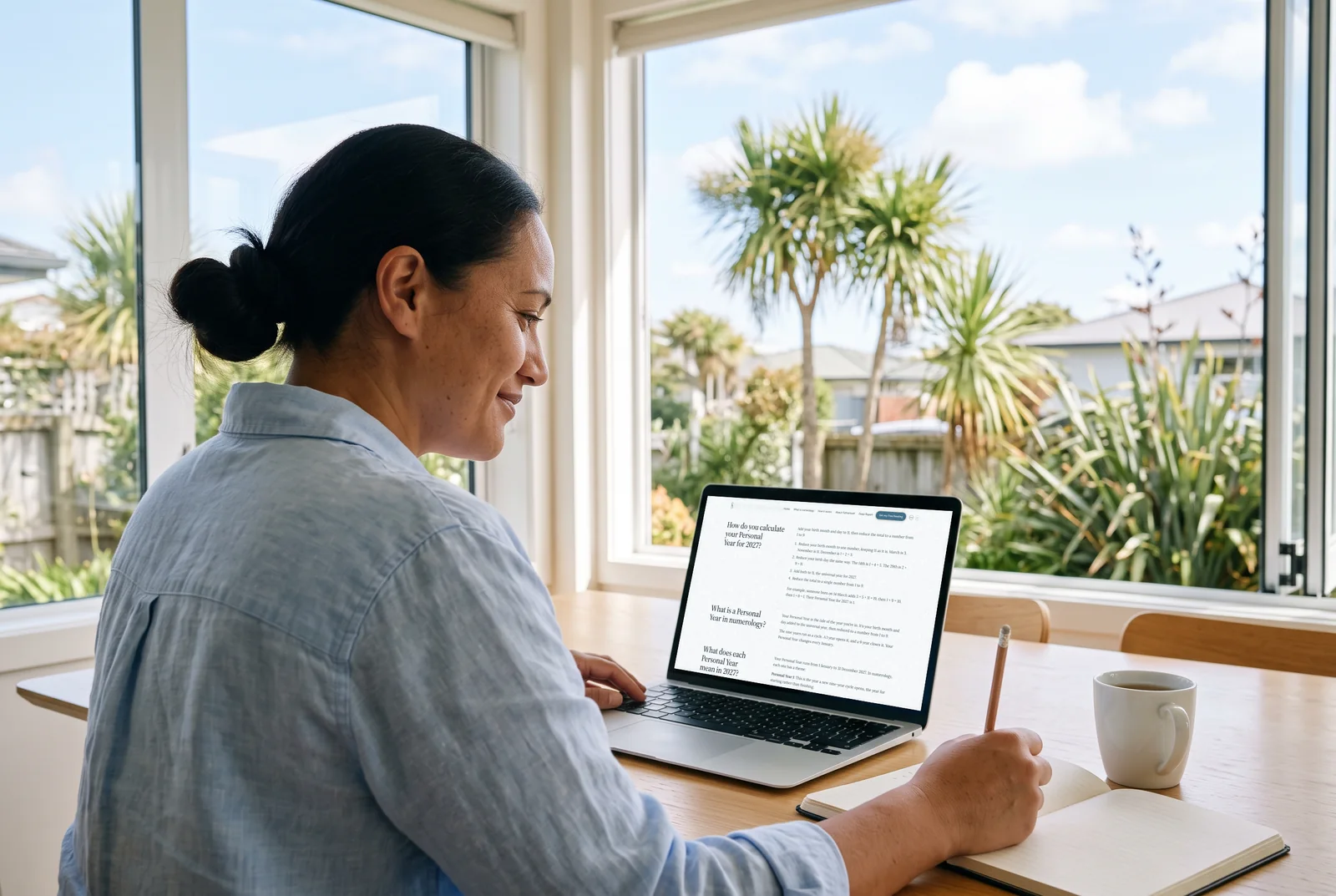 A woman reading the Fathomself 2027 page on her laptop and taking notes, at a sunny table by an open window