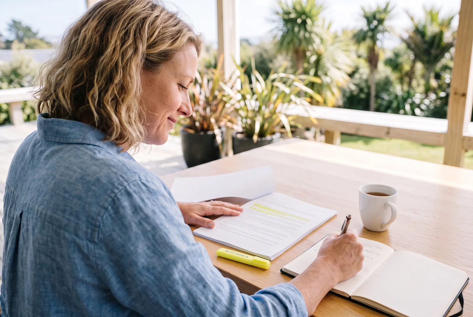 A woman on a sunny deck part way through a printed Fathomself Deep Report, her numerology reading, a few lines highlighted, writing notes beside it